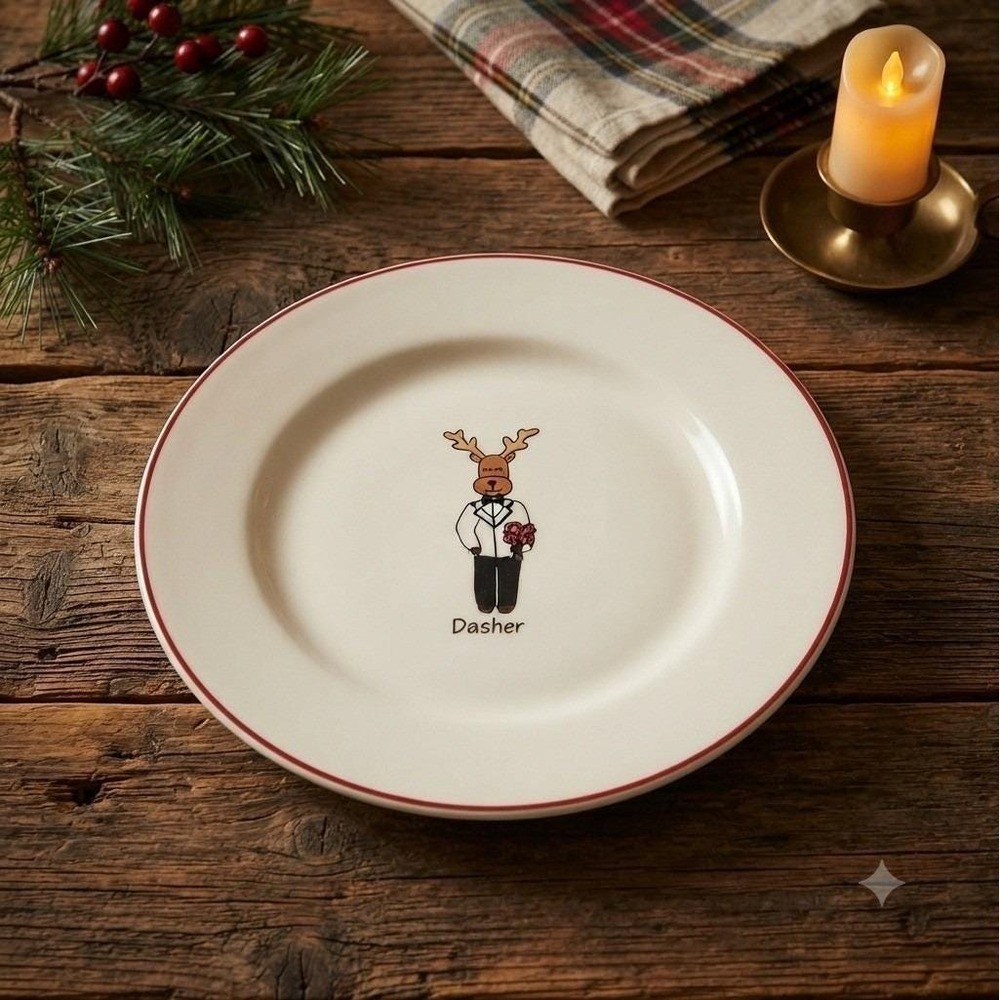 Dasher Reindeer Christmas Plate – Red Trim – Holiday Dinnerware